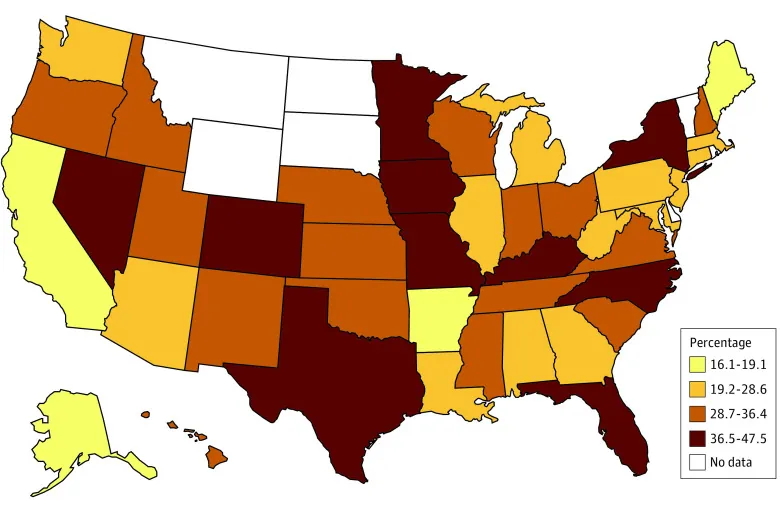 Share of US registered nurses who left a job in 2017 and named burnout as a reason, by state, ranging from 16.1% to 47.5% (2018 National Sample Survey of Registered Nurses)